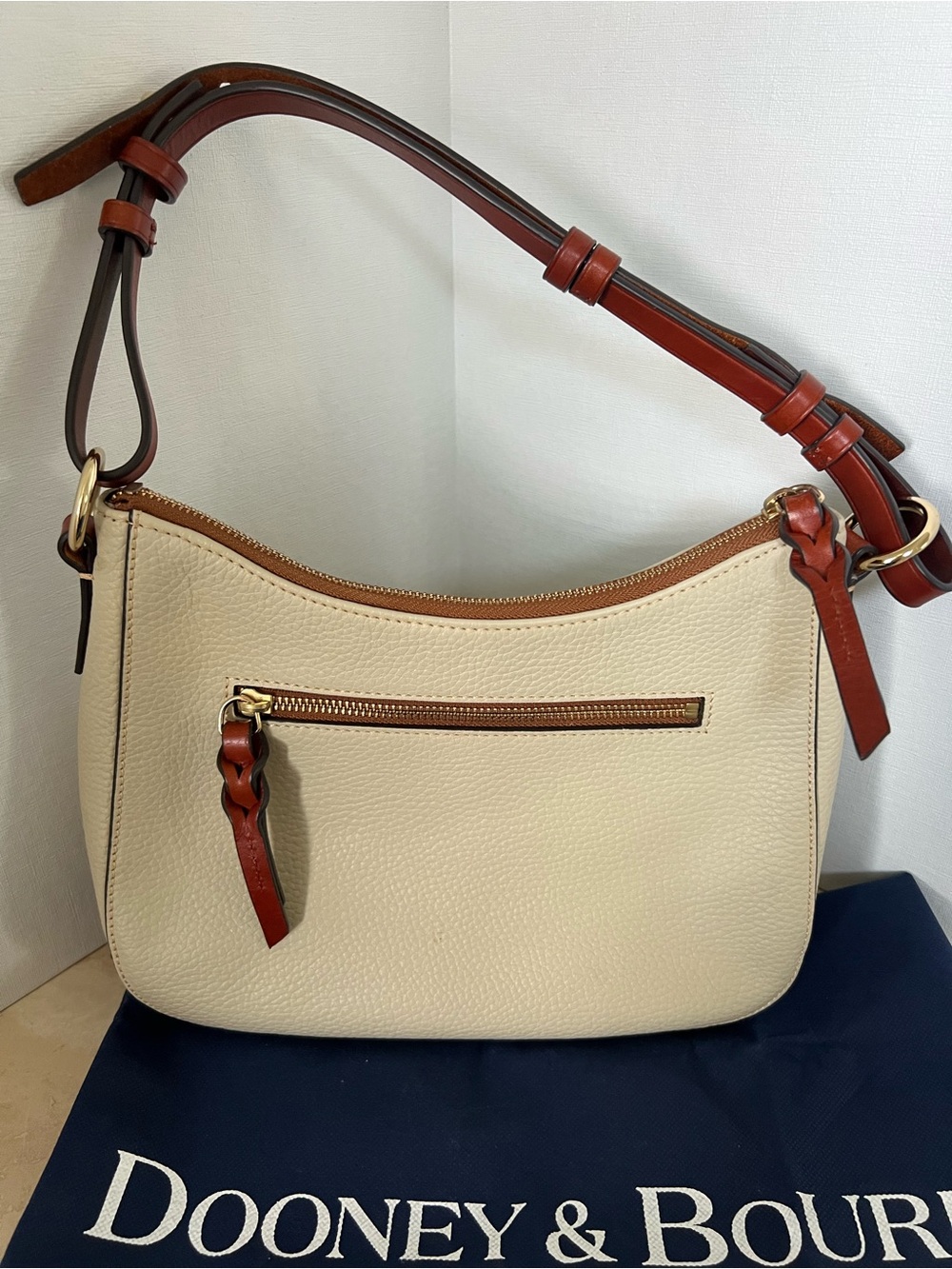 Dooney & Bourke Cream Pebble Leather Crossbody with Brown Trim - Picture 2 of 14